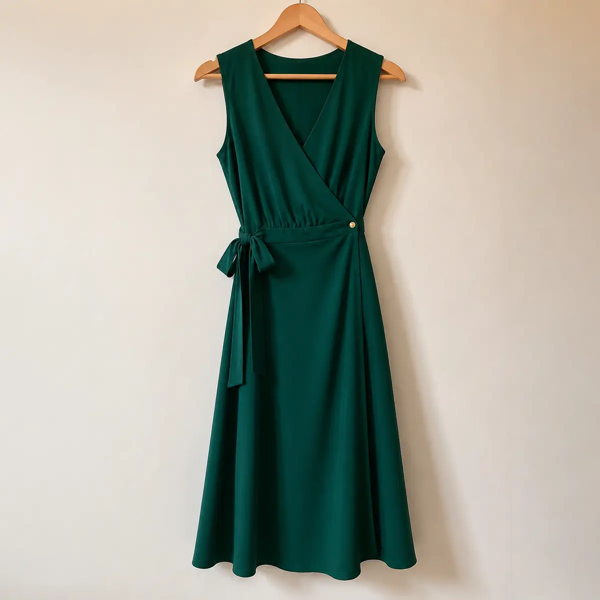 Vestido verde fotografiado en una percha