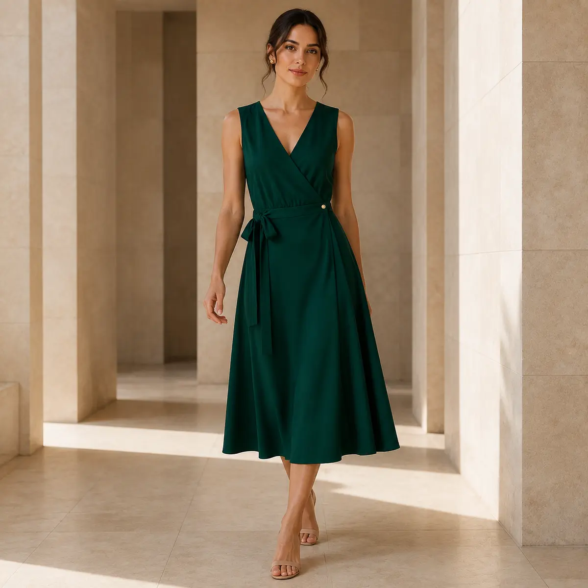 Modelo usando el mismo vestido verde