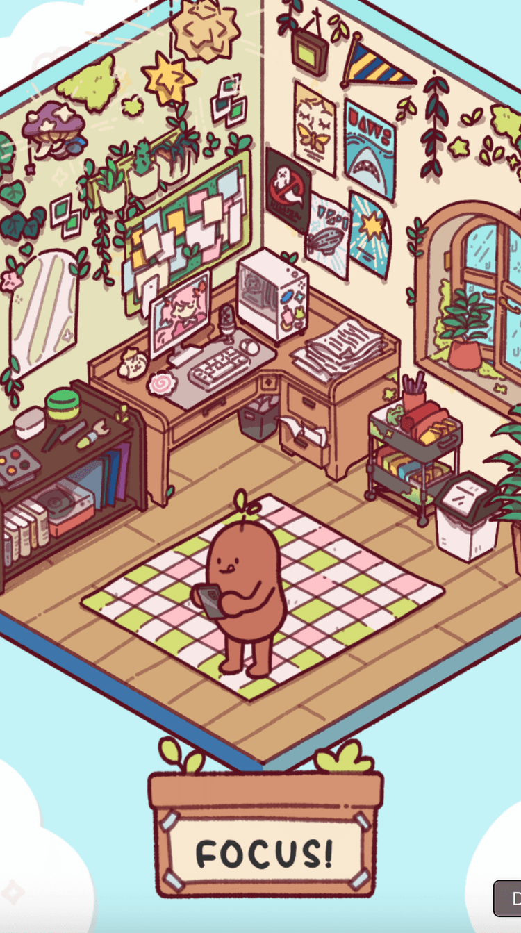 Ilustración de la app Focus Friend mostrando a un personaje tipo frijol en una habitación decorada con plantas, escritorio y ordenador, con la palabra “Focus!” en la parte inferior.
