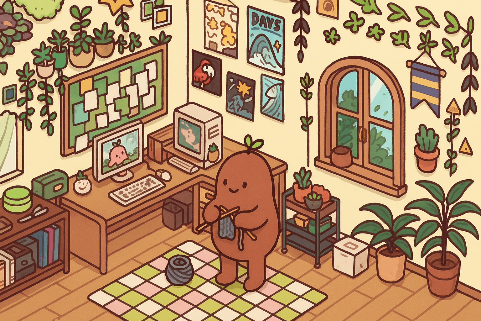 Ilustración digital de la app Focus Friend mostrando un personaje tipo frijol tejiendo en una habitación acogedora llena de plantas, escritorio con ordenador y paredes decoradas con pósters.