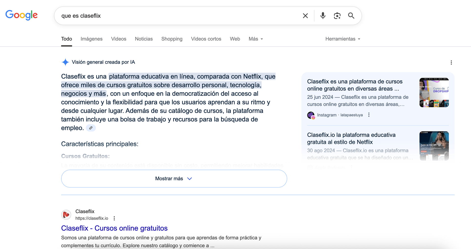 Captura de pantalla de Google mostrando la búsqueda “qué es Claseflix”, donde la IA de Google define a Claseflix como una plataforma educativa online comparada con Netflix, que ofrece miles de cursos gratuitos sobre desarrollo personal, tecnología, negocios y más.